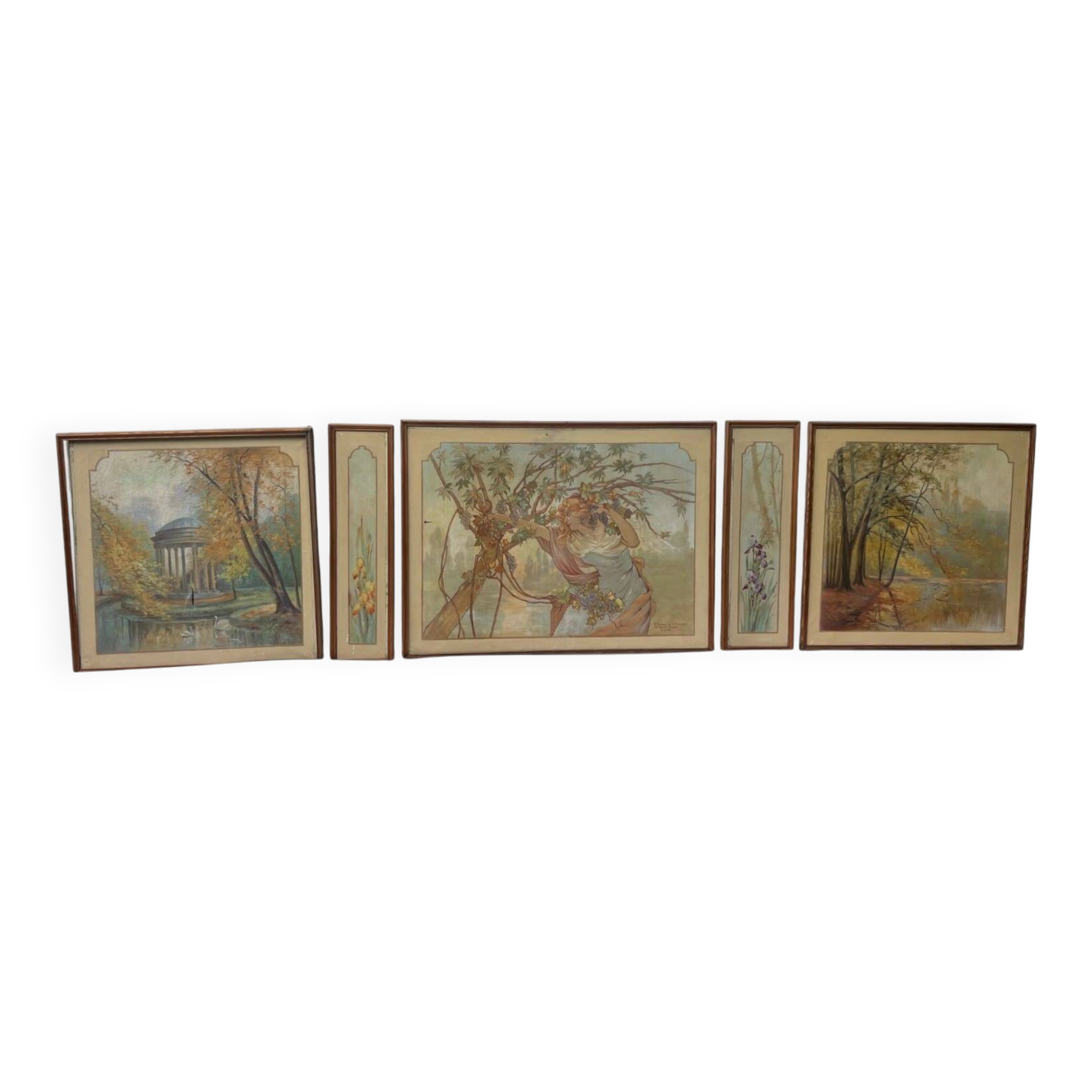Set of Five Art Nouveau Decorative Panels. Allegory. French Work.
