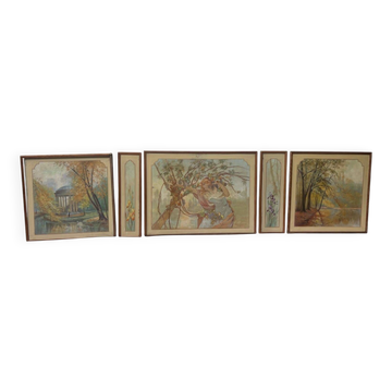 Ensemble de Cinq Panneaux Décoratifs Art Nouveau. Allégo. Travail Français