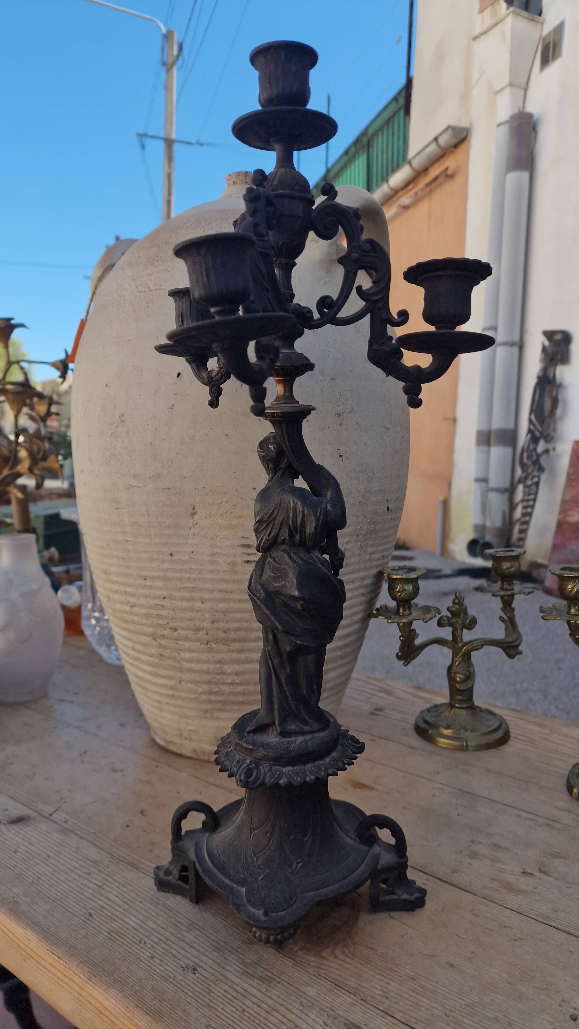 Large antique candelabra in black patinated babbitt – 19th century