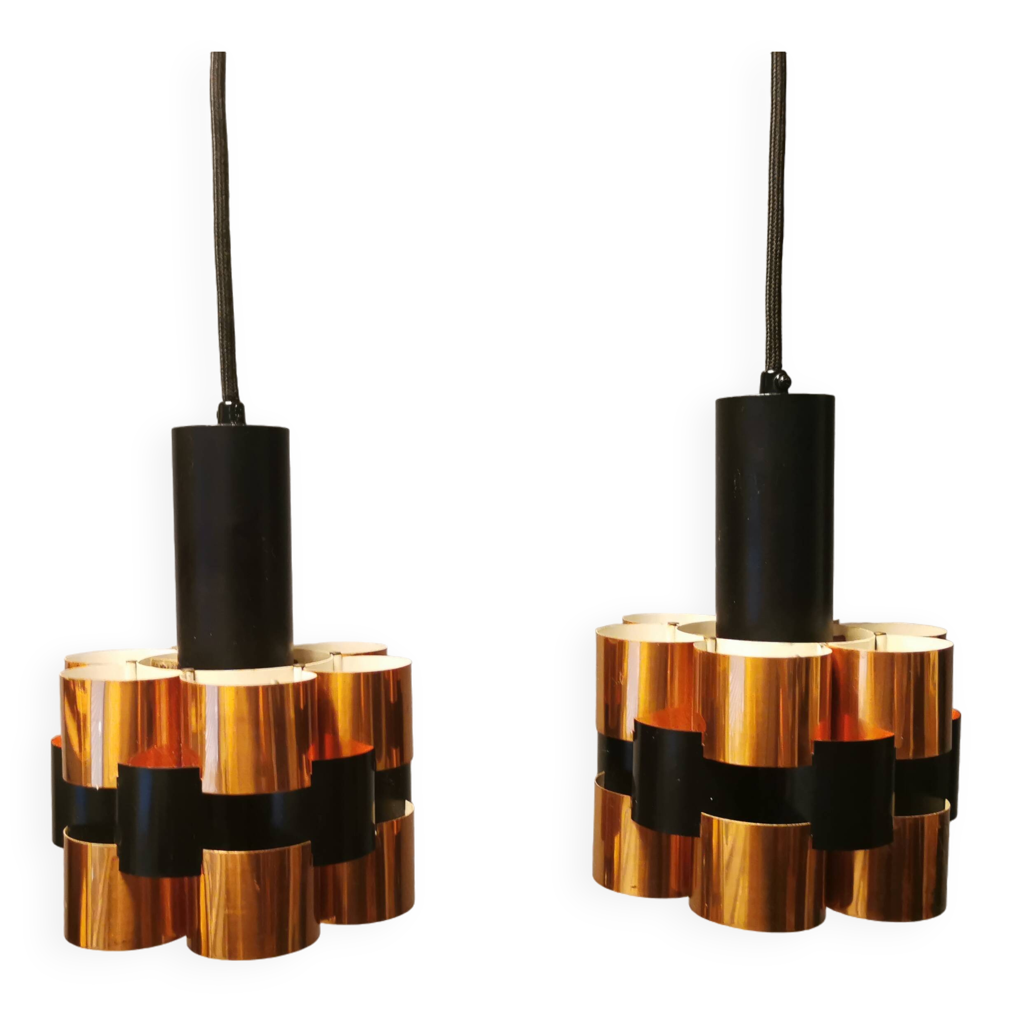2 suspensions en métal noir et cuivre par Werner Schou pour Coronell Elektro, années 1960-1970