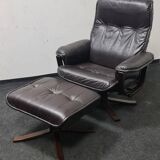 Vintage leather reclining swivel chair with foot stool