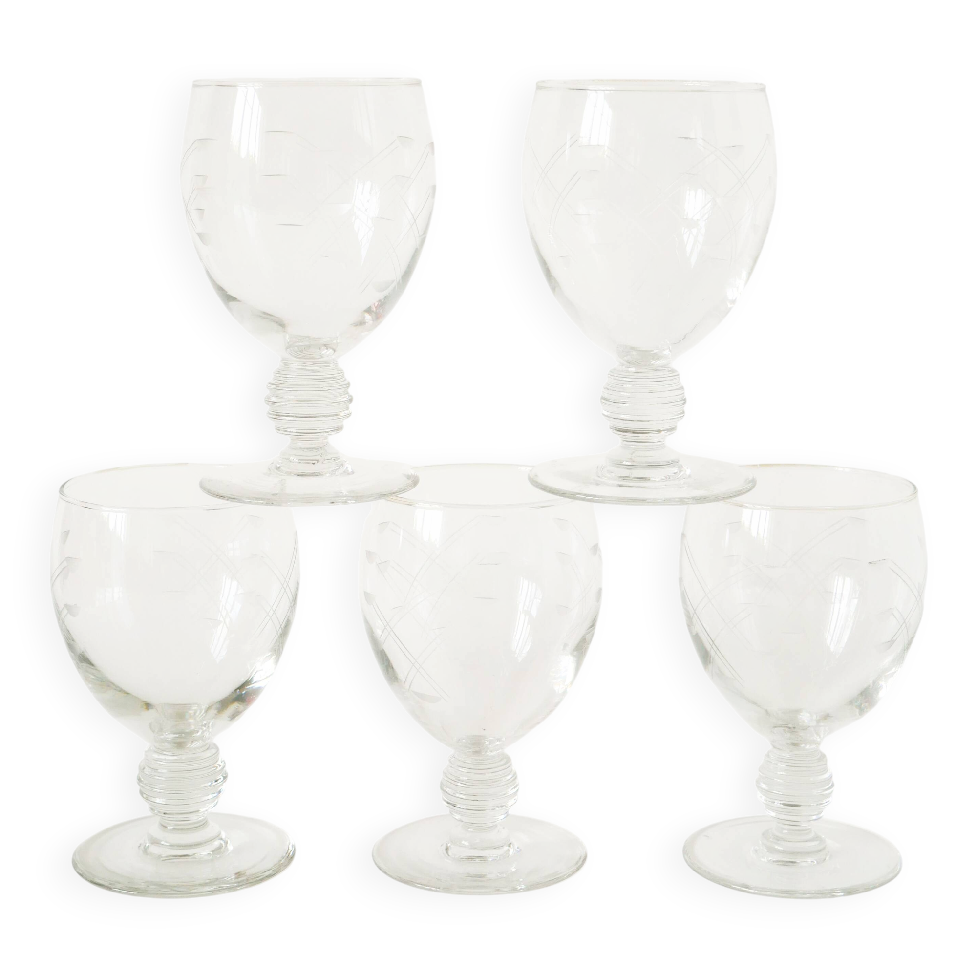 lot de 5 grands verres à vin pieds travaillé, en cristal gravé, Art Nouveau