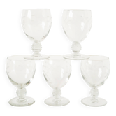 Set of 5 large wine glasses with ornate stems, in engraved crystal, Art Nouveau