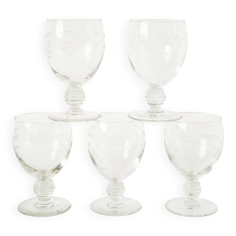 Set of 5 large wine glasses with ornate stems, in engraved crystal, Art Nouveau