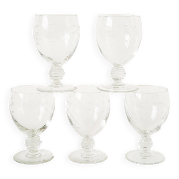 lot de 5 grands verres à vin pieds travaillé, en cristal gravé, Art Nouveau
