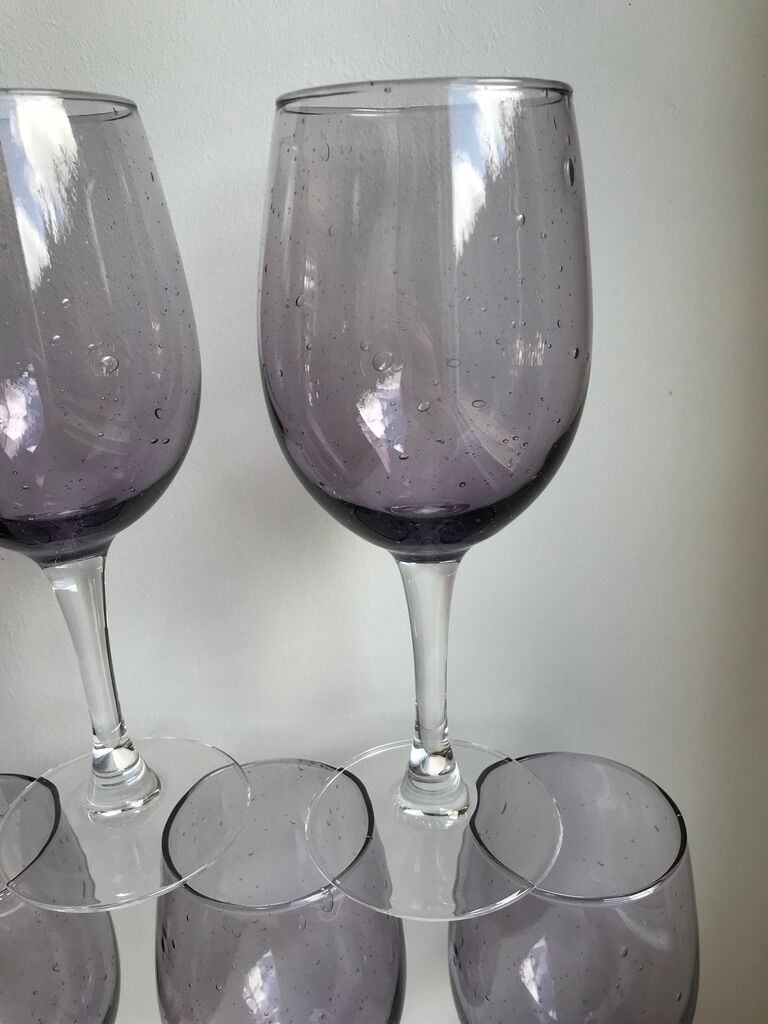 set of 5 wine glasses in purple bubble glass 70s