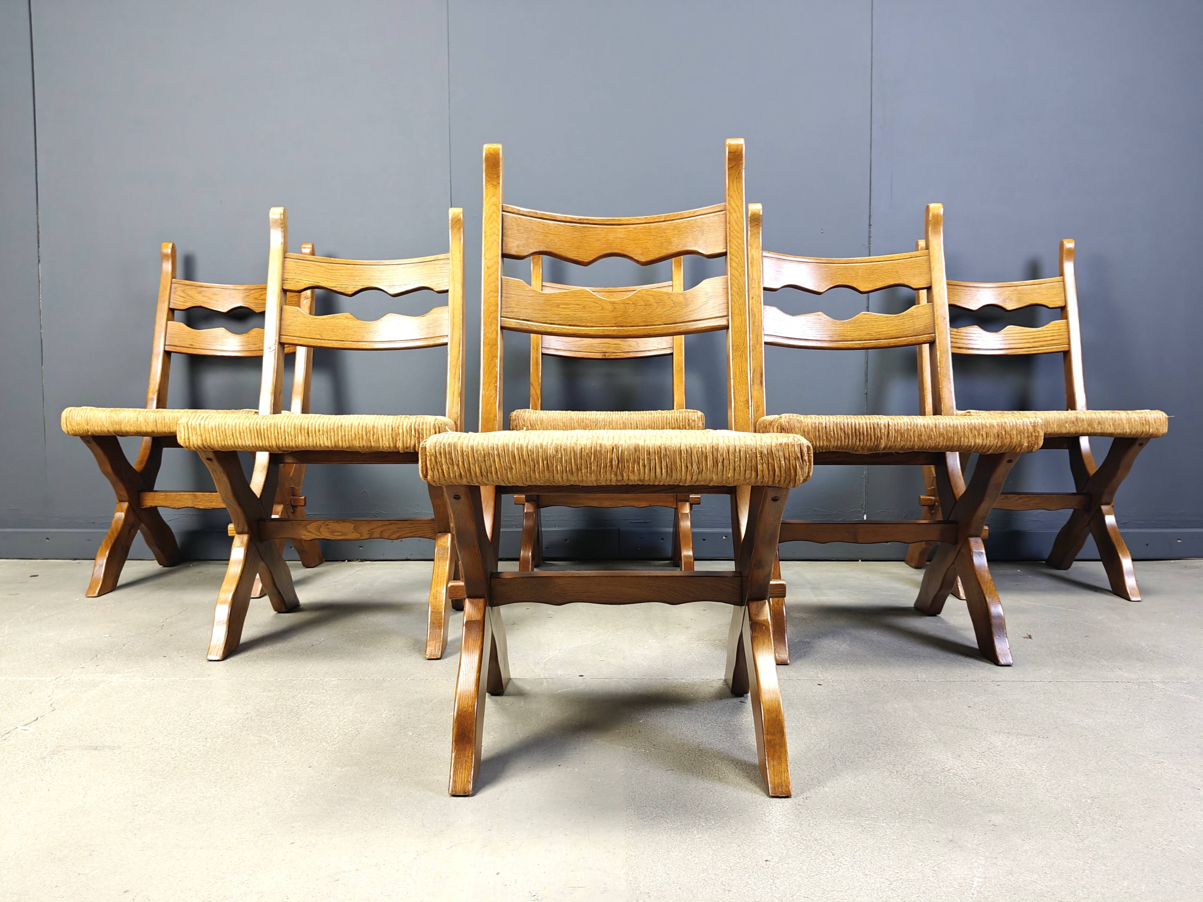Vintage oak and wicker brutalist chairs, 1960s - set of 6
