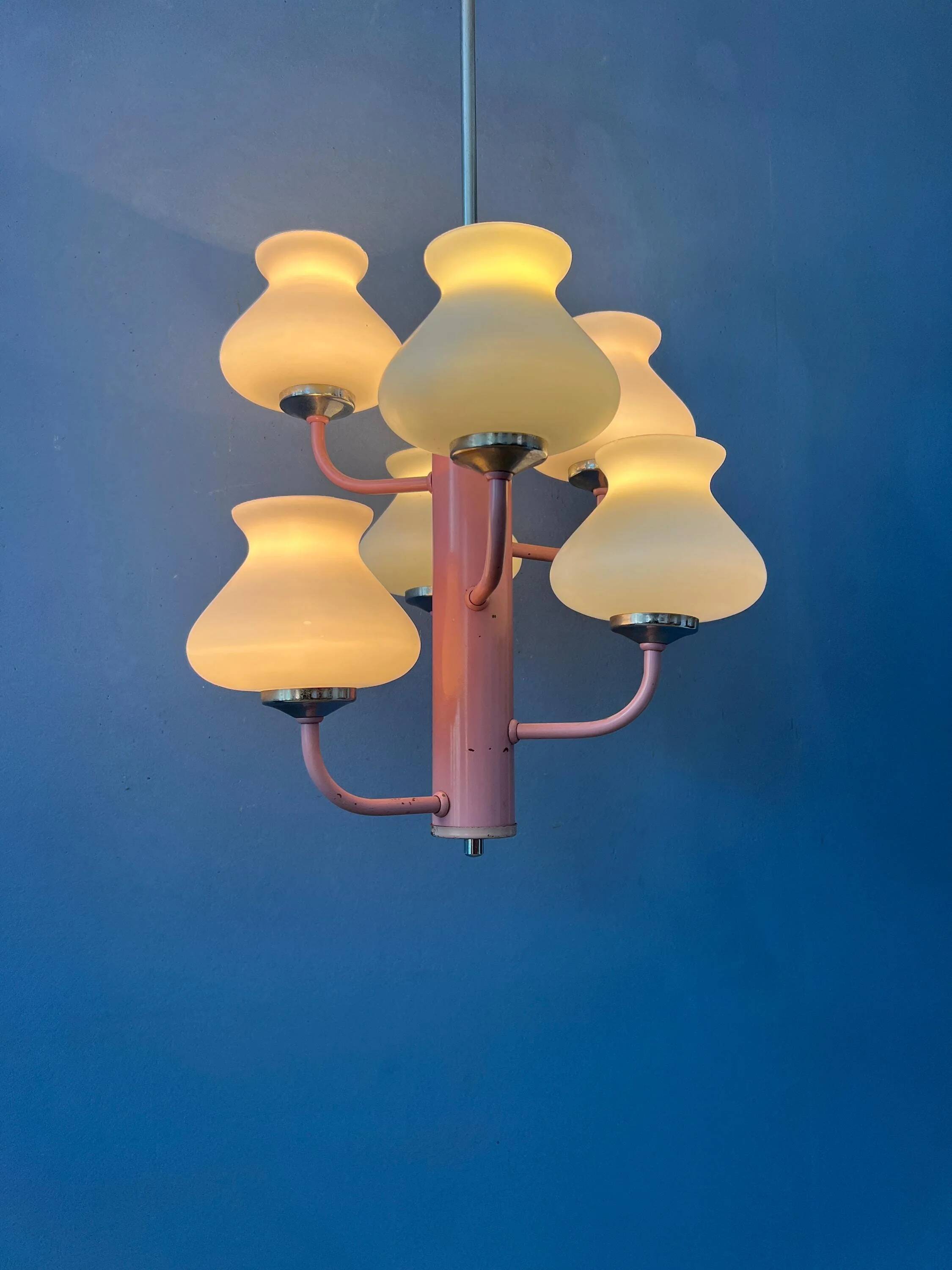 Mid-century opaline glass chandelier with a pink structure.