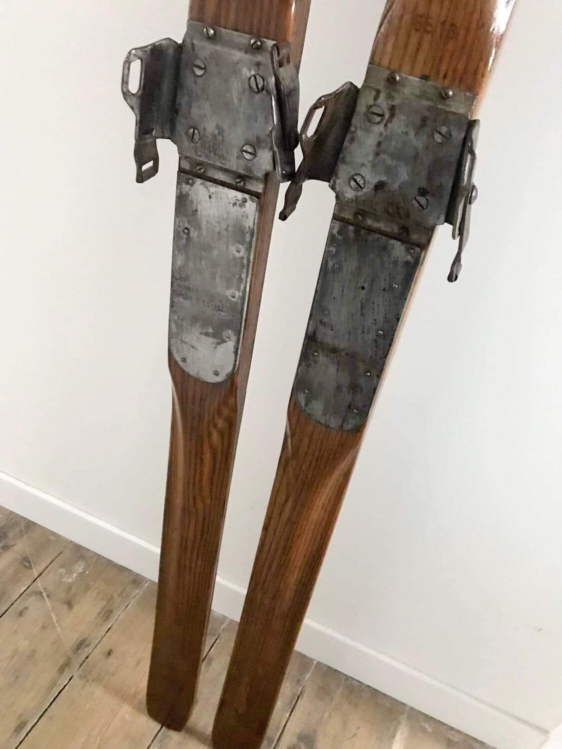 Pair of vintage Telemarking wooden skis, retro decoration