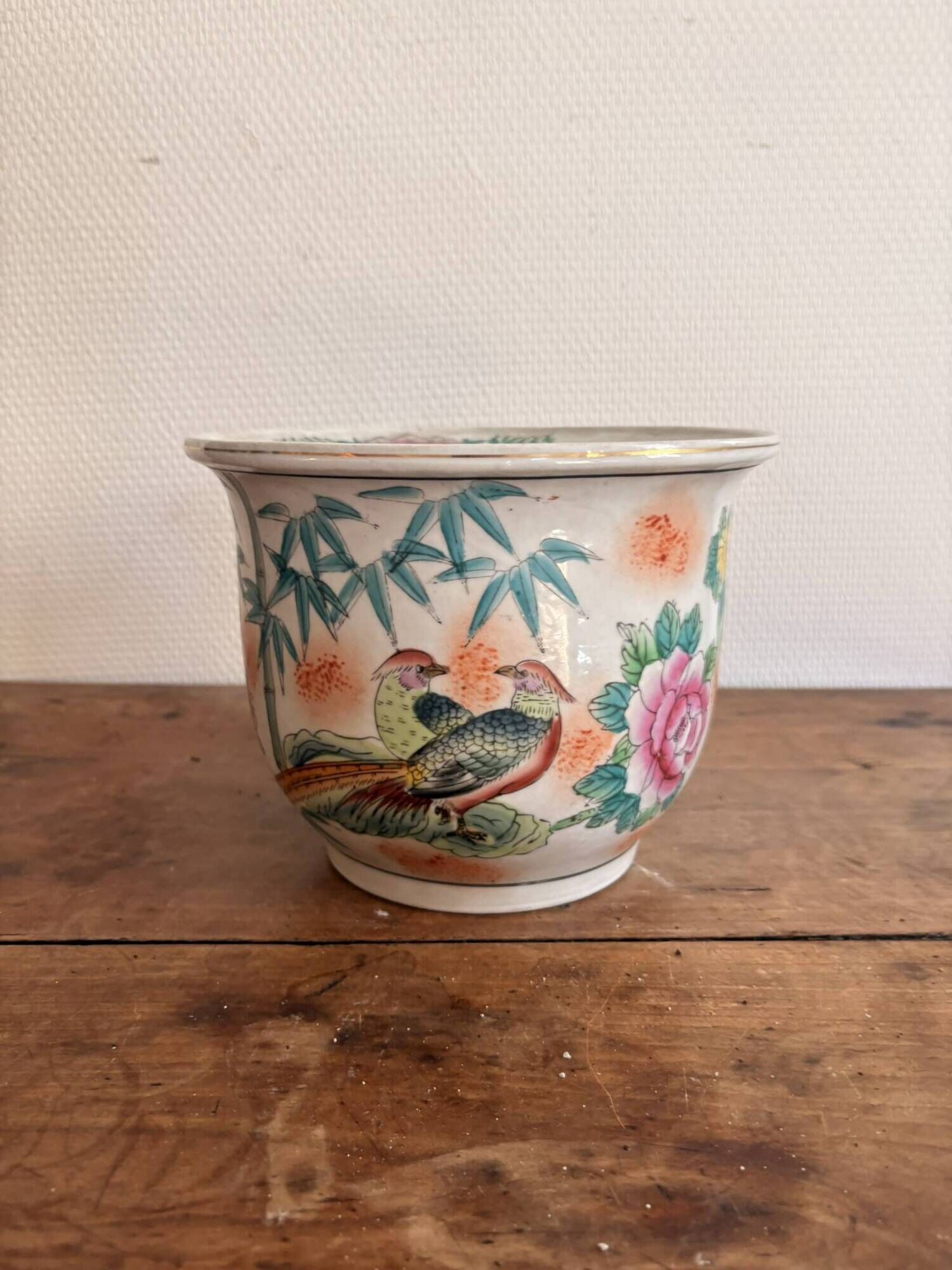 Cache pot jardinière decor pheasant China republic Famille Rose bamboo