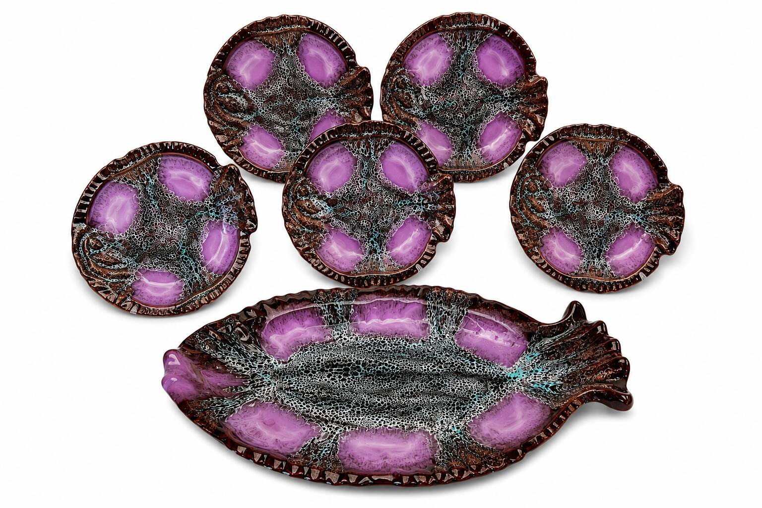 Vintage Fish Service Vallauris – 7-Piece Set in Enamelled Earthenware