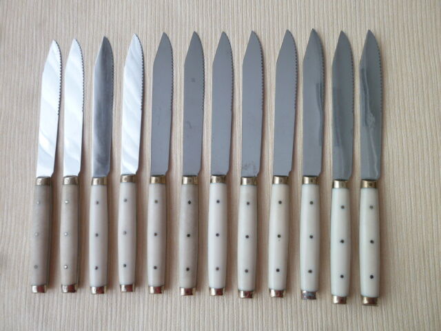 Set of 12 vintage stainless steel bakelite and brass table knives