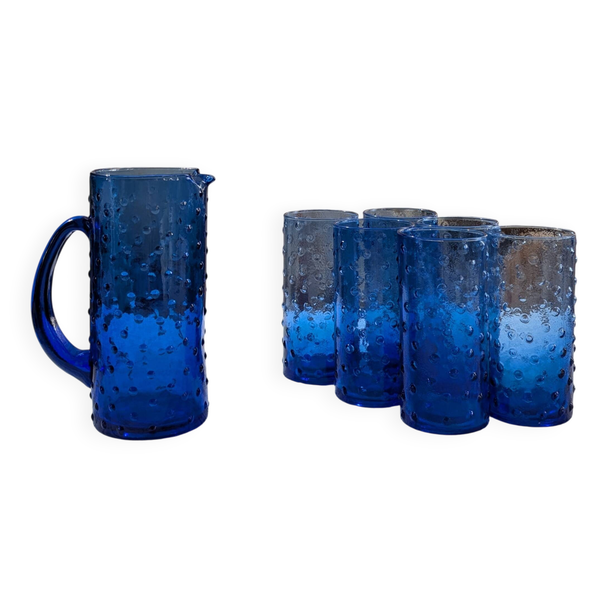 Service of blue blown glass lemonade, dotted pattern.