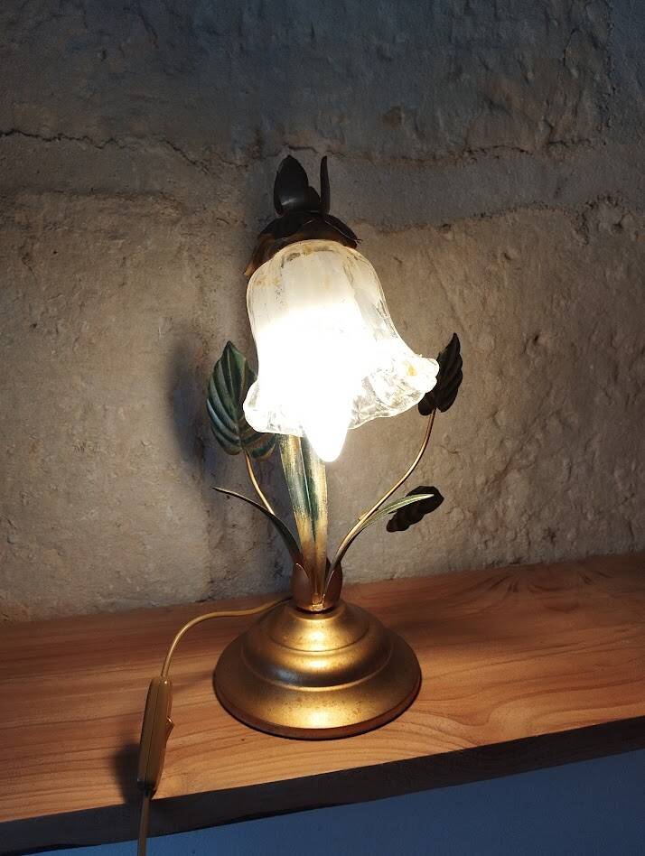 Lampe fleur vintage en laiton et verre