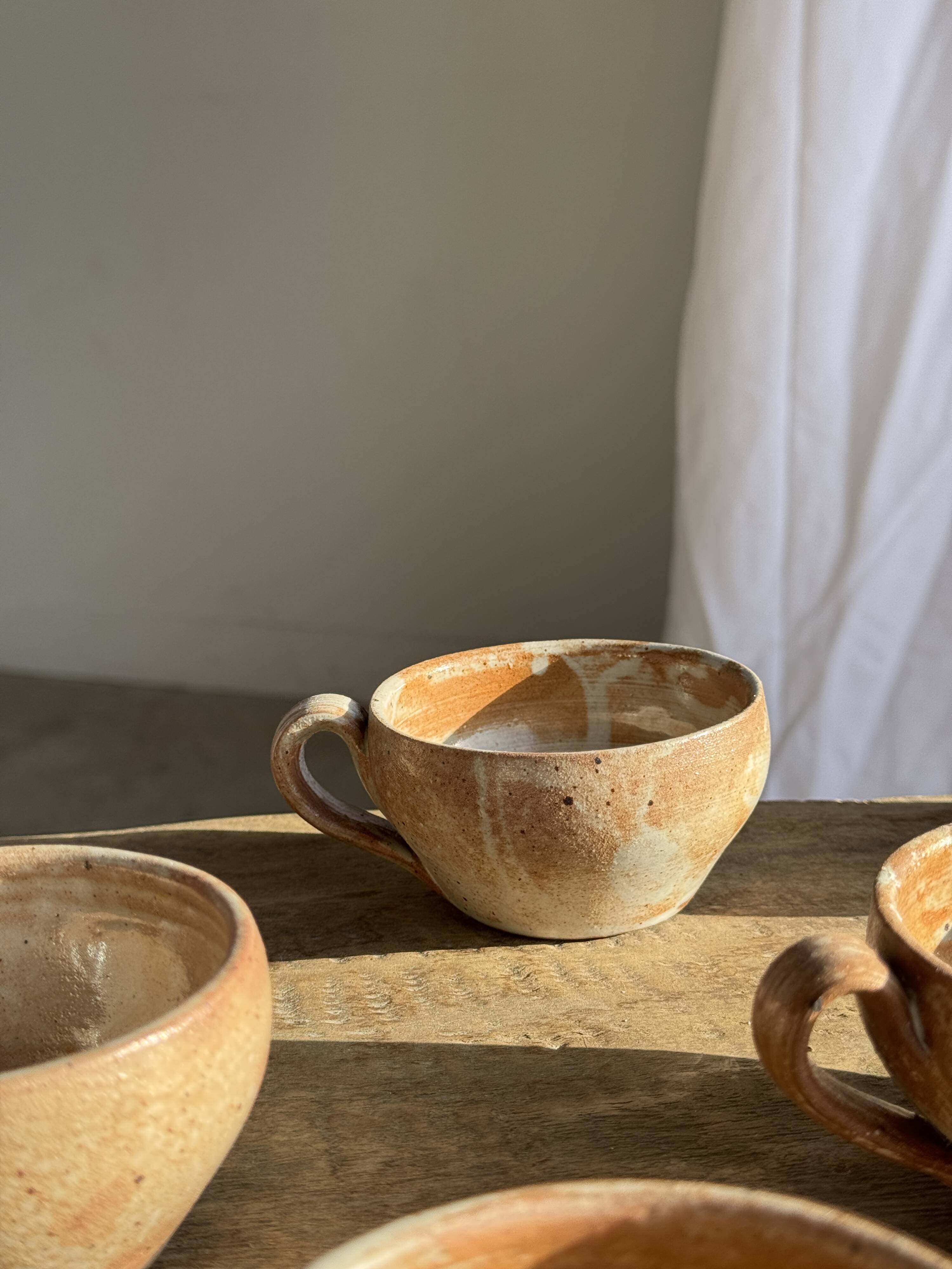 Set of 11 vintage coffee cups, raw matte stoneware H11