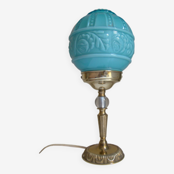 Lampe vintage art-déco pied doré et globe bleu