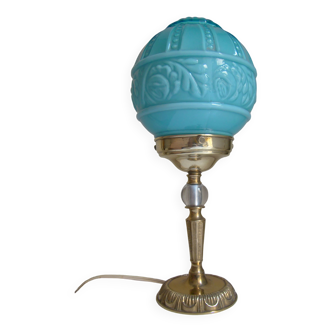 Lampe vintage art-déco pied doré et globe bleu