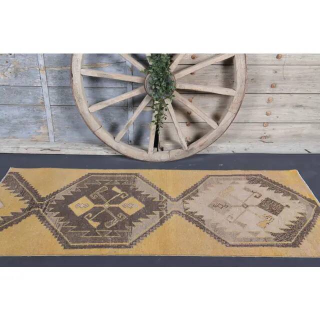 Vintage Turkish Hand-Knotted Wool Cotton Yellow Runner Rug 81x204