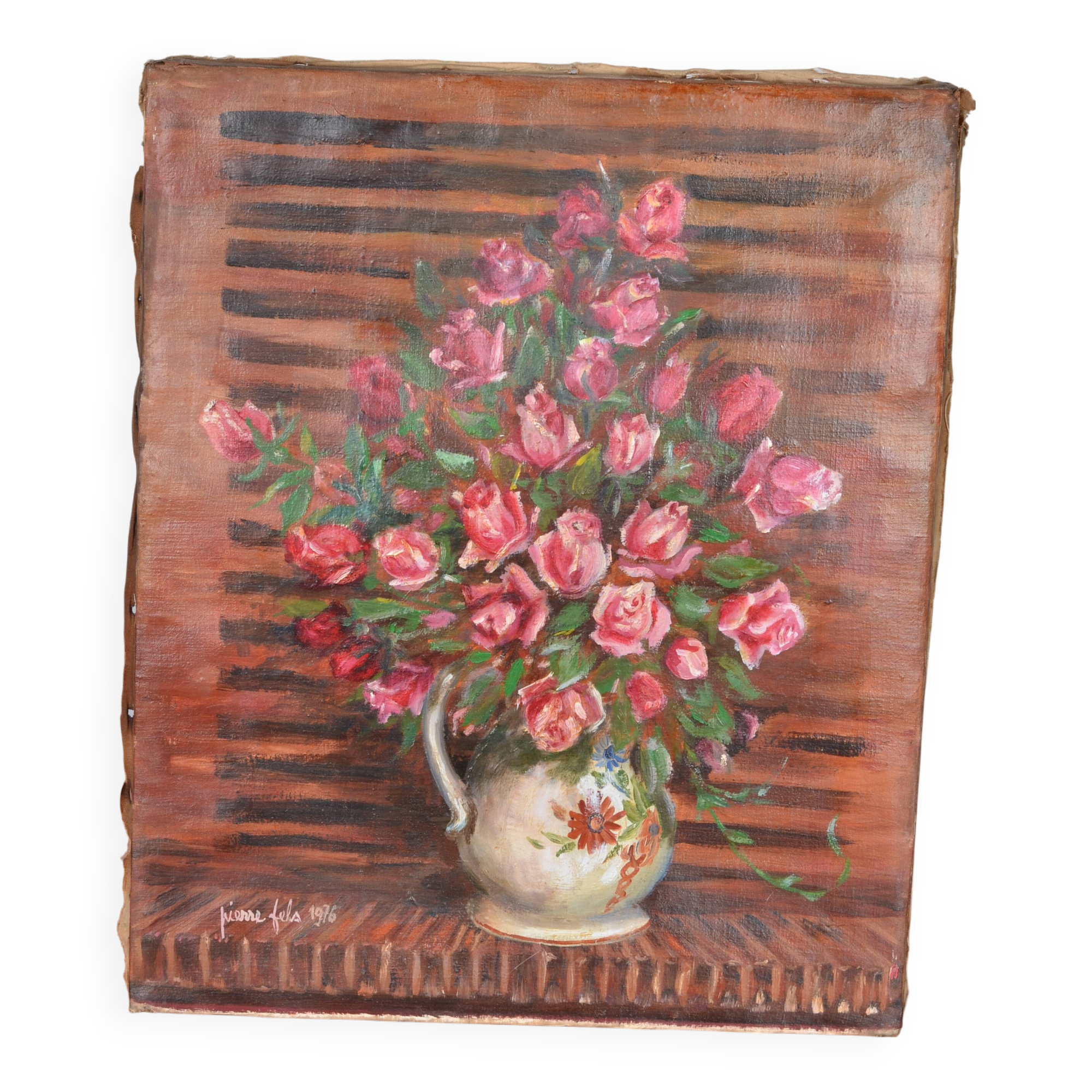Oil on canvas still life bouquet of roses