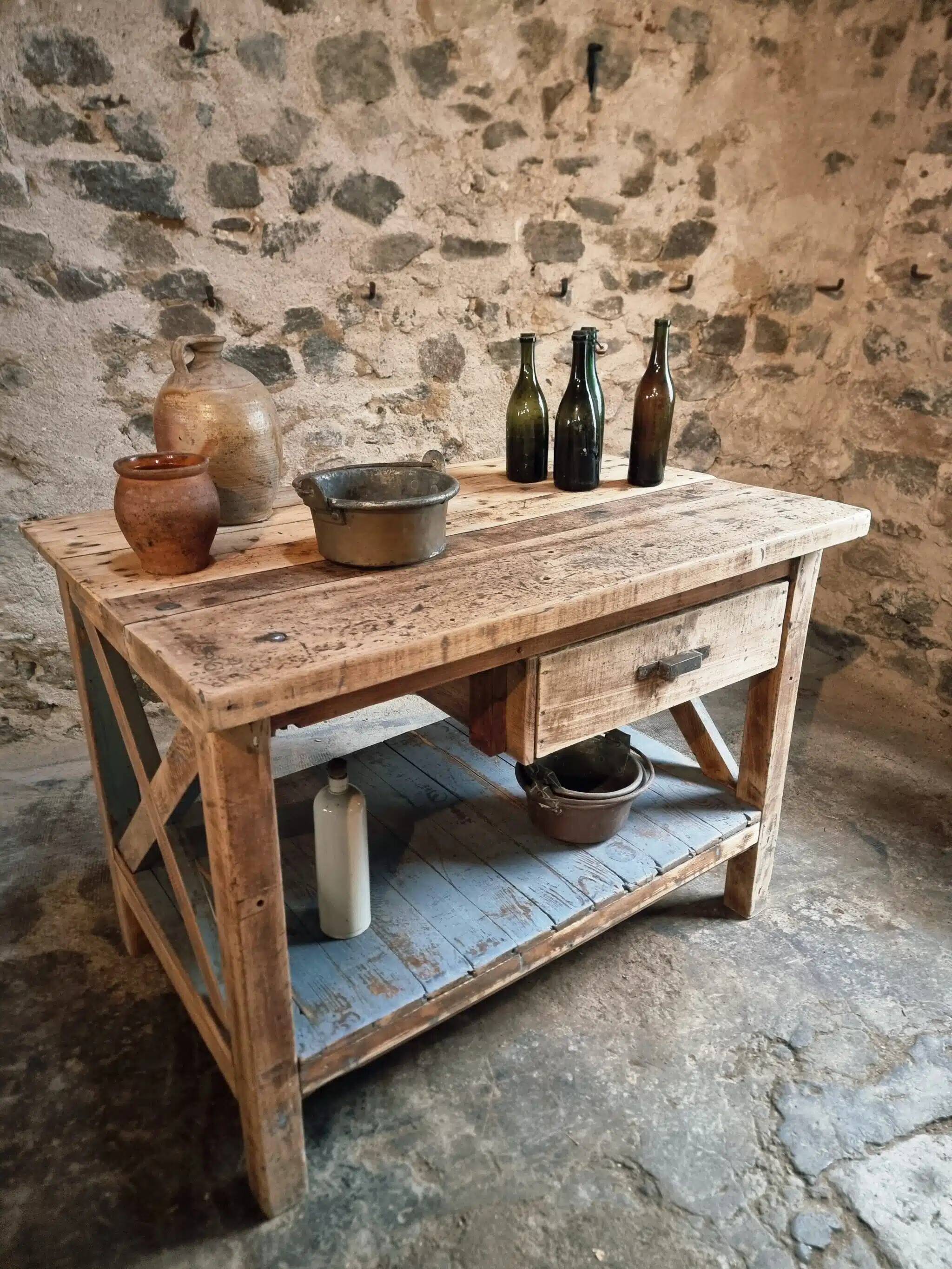 Vintage French industrial workbench – 1920s/1930s oak and pine table with drawer