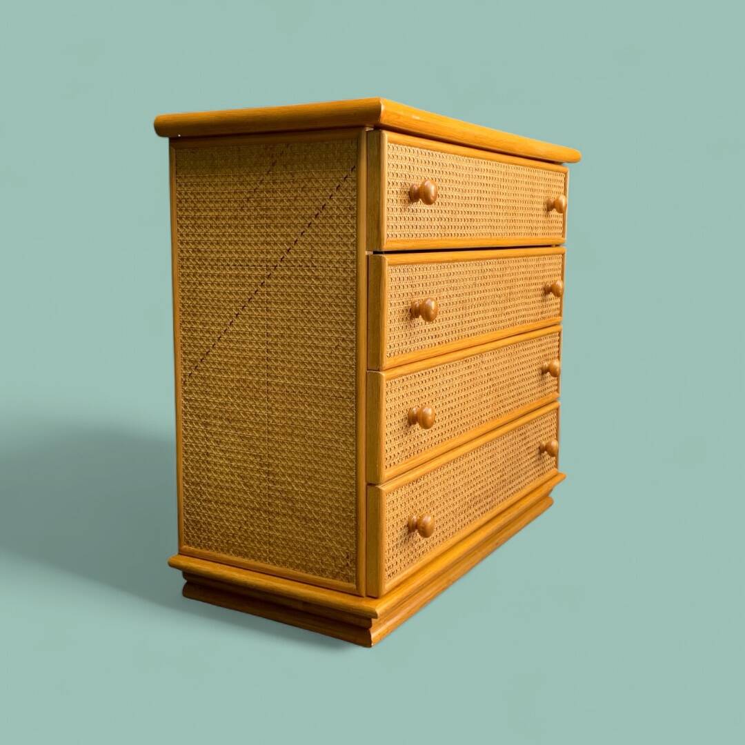 Chest of drawers and bedside table in rattan cane and oak, vintage 1970s