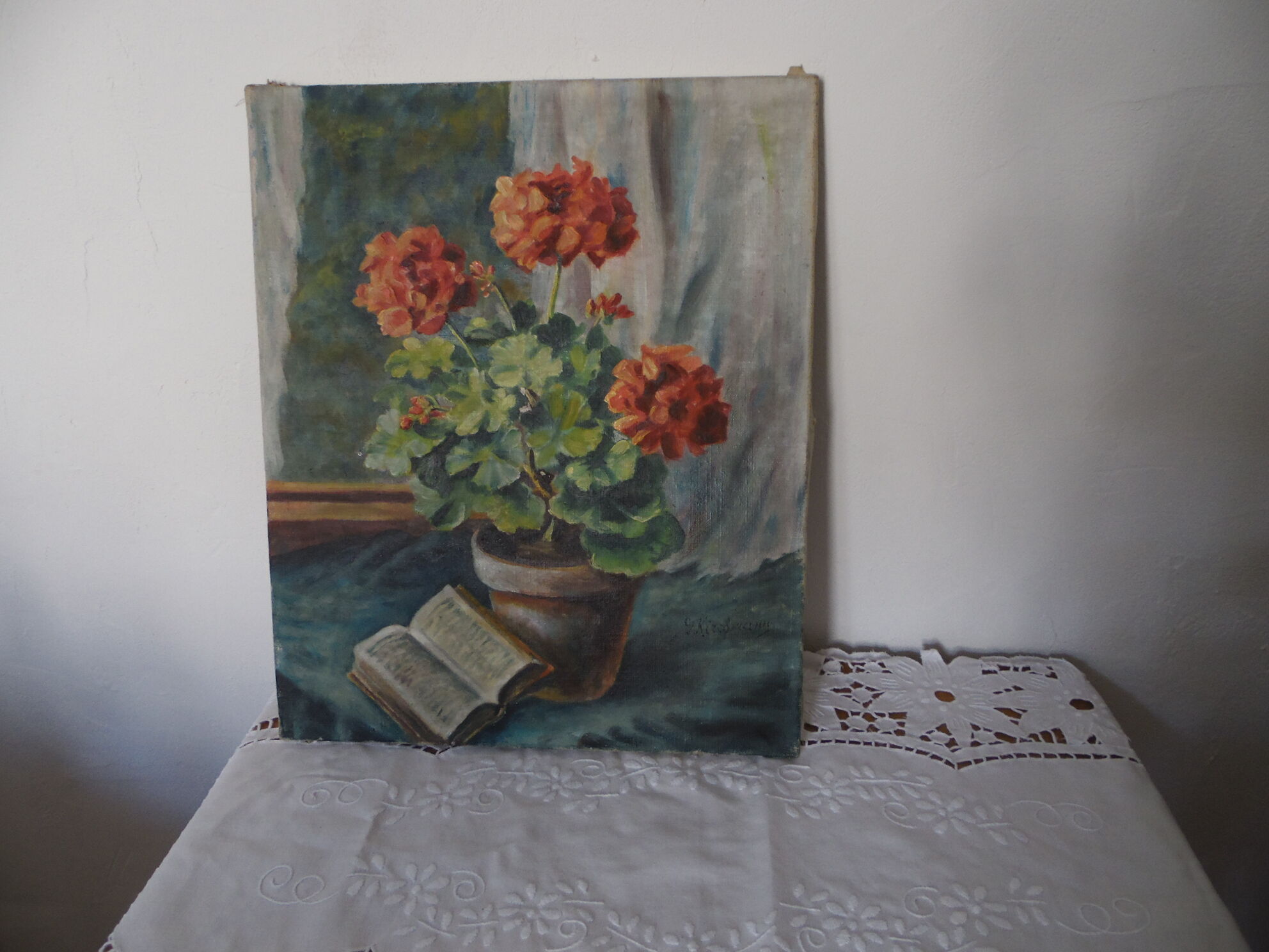 Peinture a l'huile signé, nature morte  pot de geranium