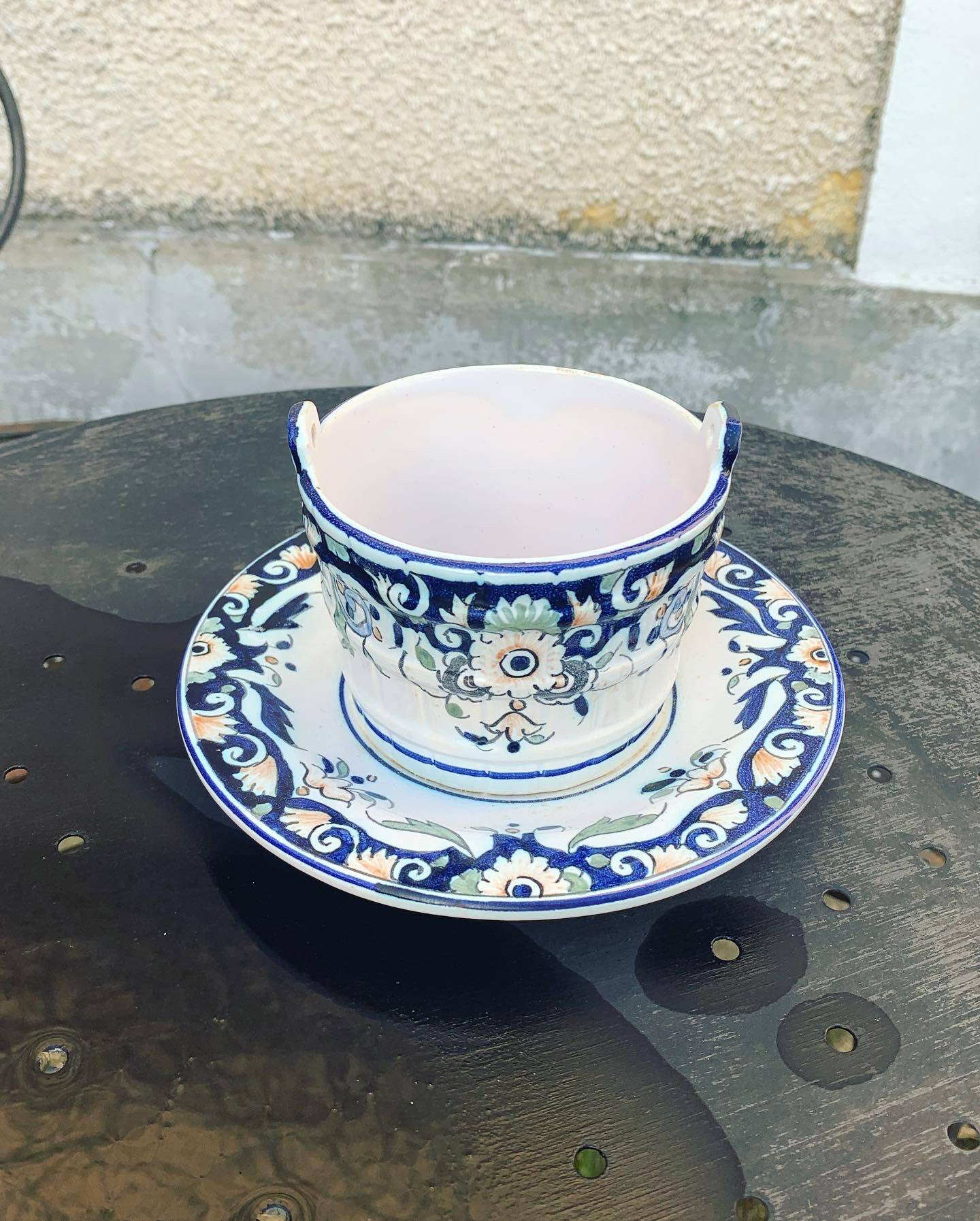 Butter dish, sauce pot in Old Rouen earthenware, handmade, made in France, floral pattern, vintage