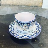 Beurrier, sauciere en faience Vieux Rouen, fait main, made in france, motif floral, vintage