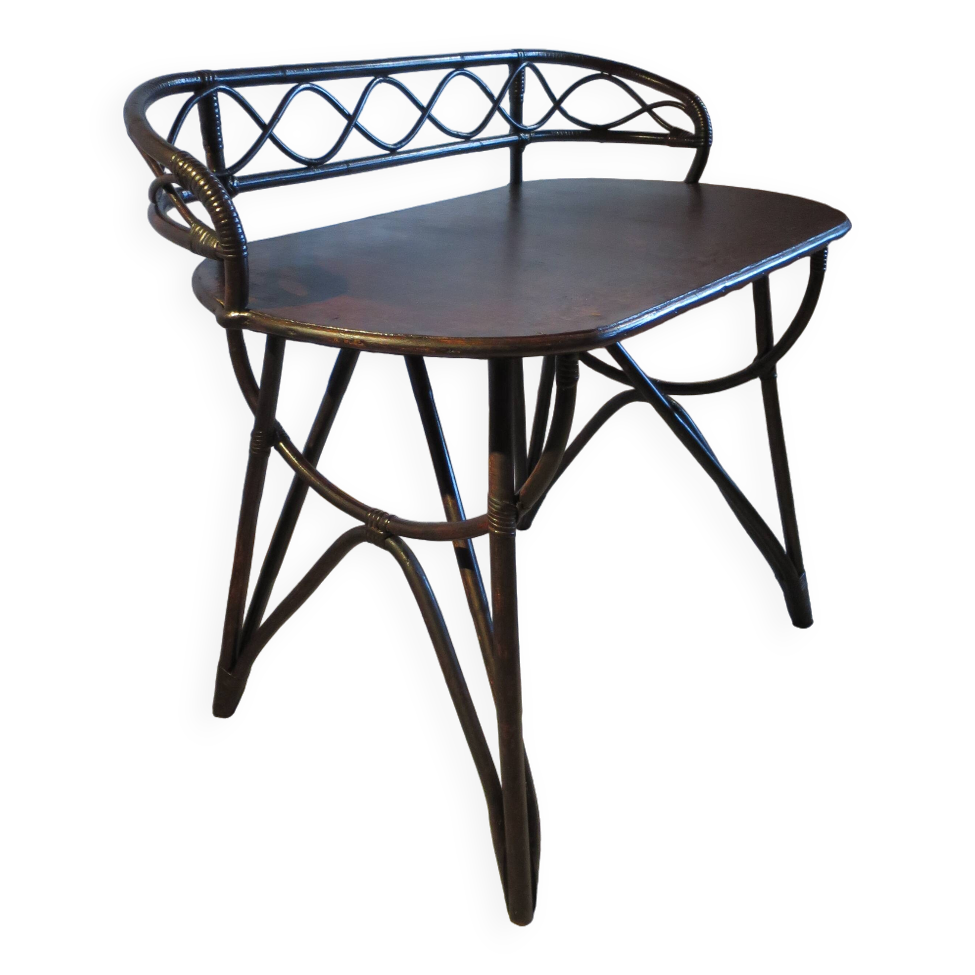 Vintage children's desk console bamboo rattan curved wood Thonet style 80s dark mahogany