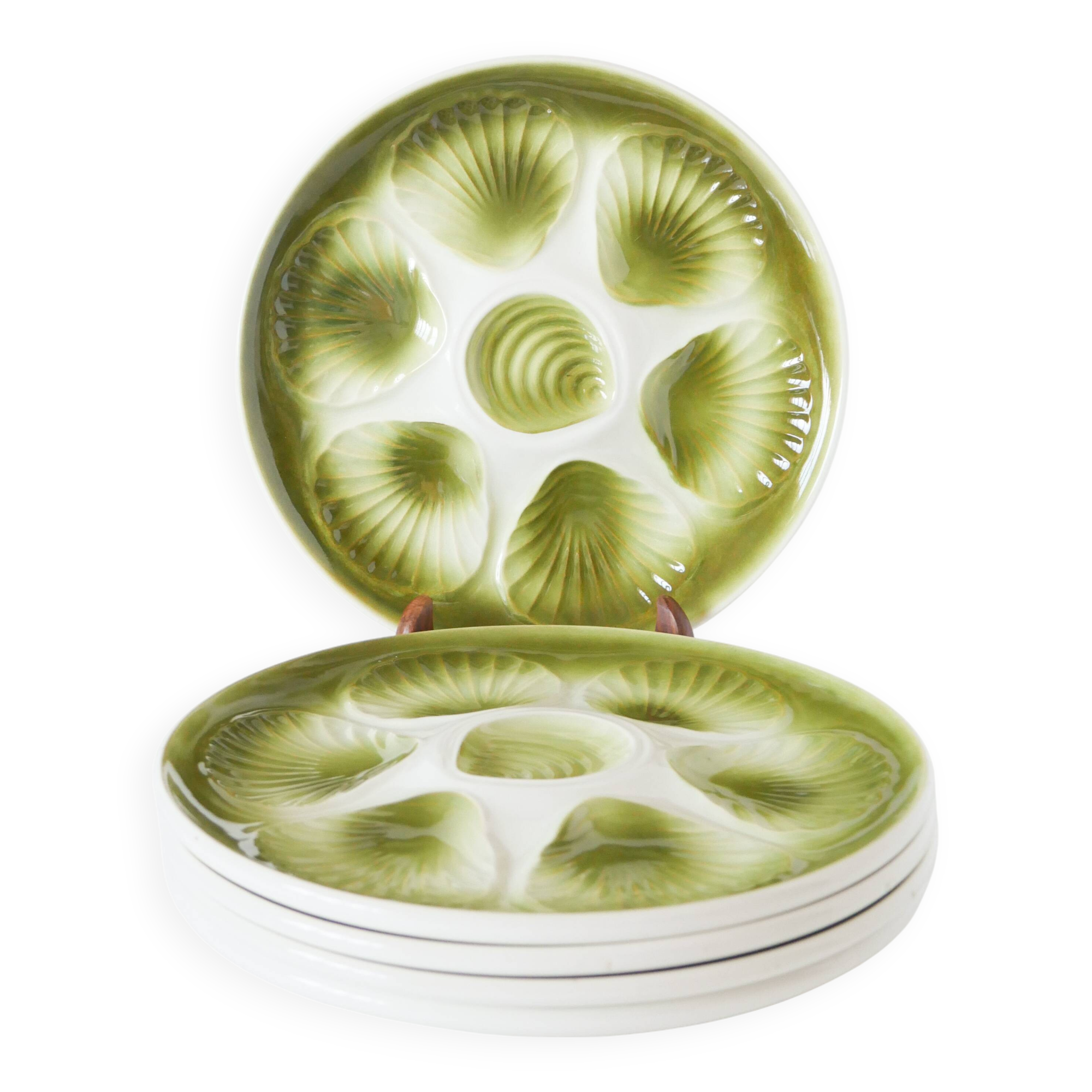 Set of 6 Moulins des Loups oyster plates, Green, 1960