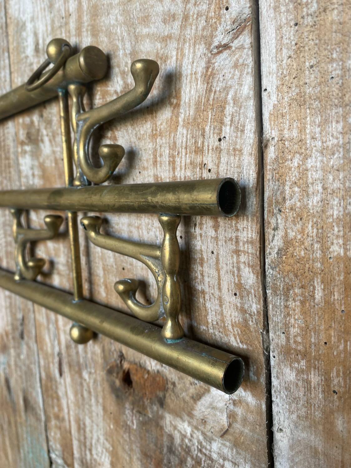 Vintage Wall Coat Rack Brass 7 Foldable Hooks #D748