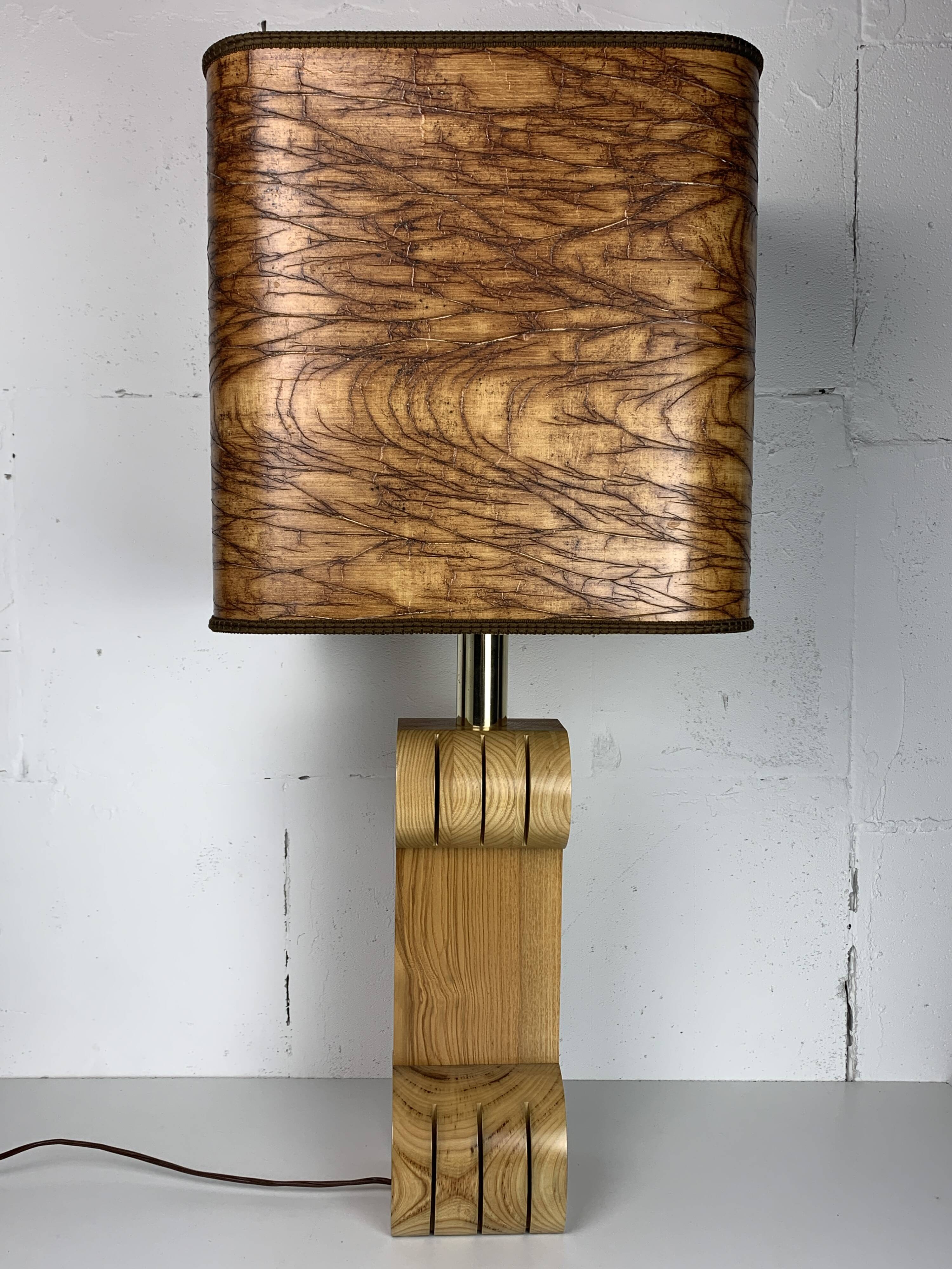 Midcentury Italian sculptural large table lamp with wood veneer shade