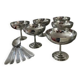 Set of 6 ice cream cups and spoons Letang Rémy 70s
