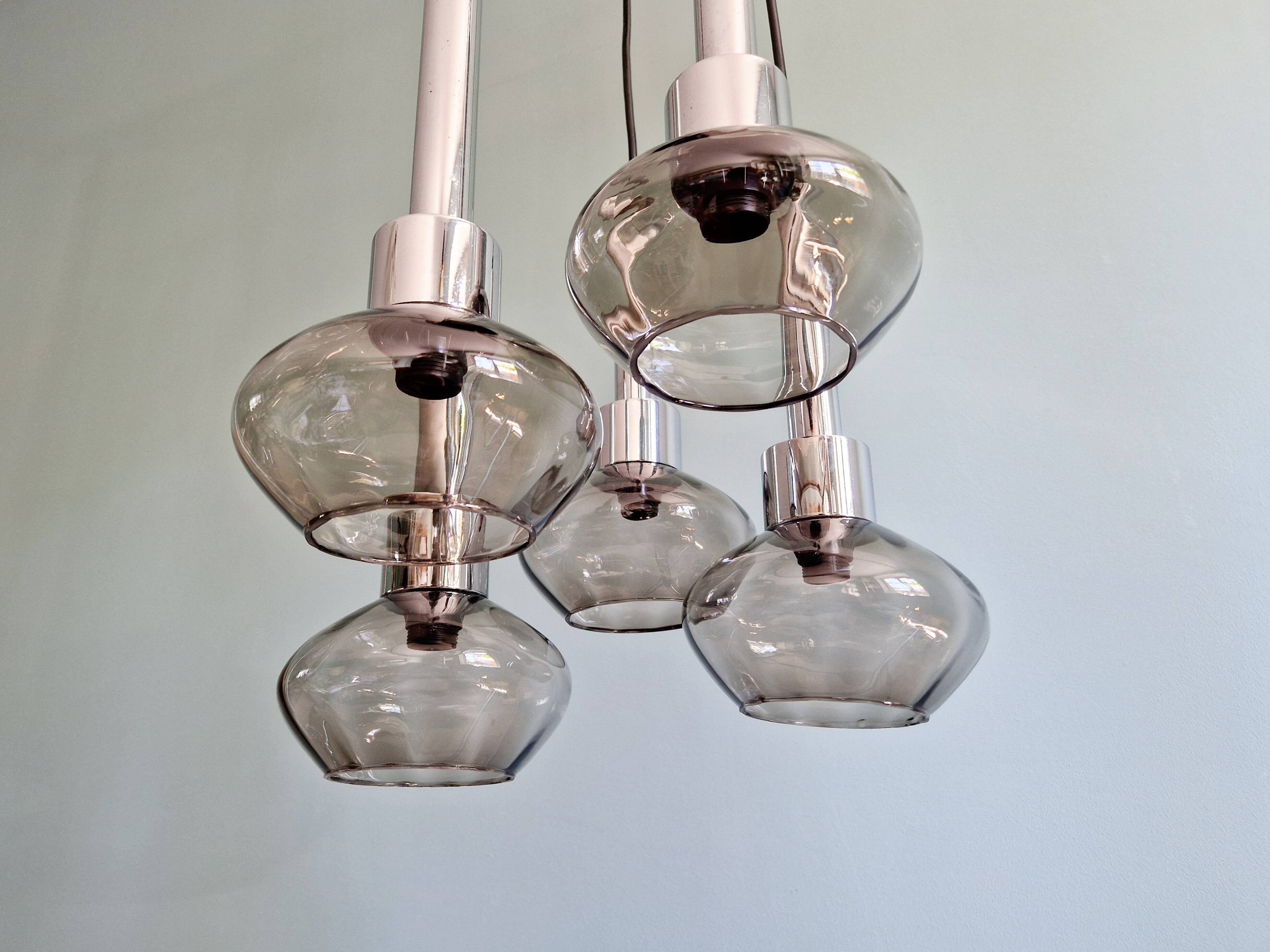 Cascade chandelier in chrome metal and smoked glass, 1970s