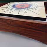 Vintage 60s-70s round coffee table with 2 shelves in glass and rosewood