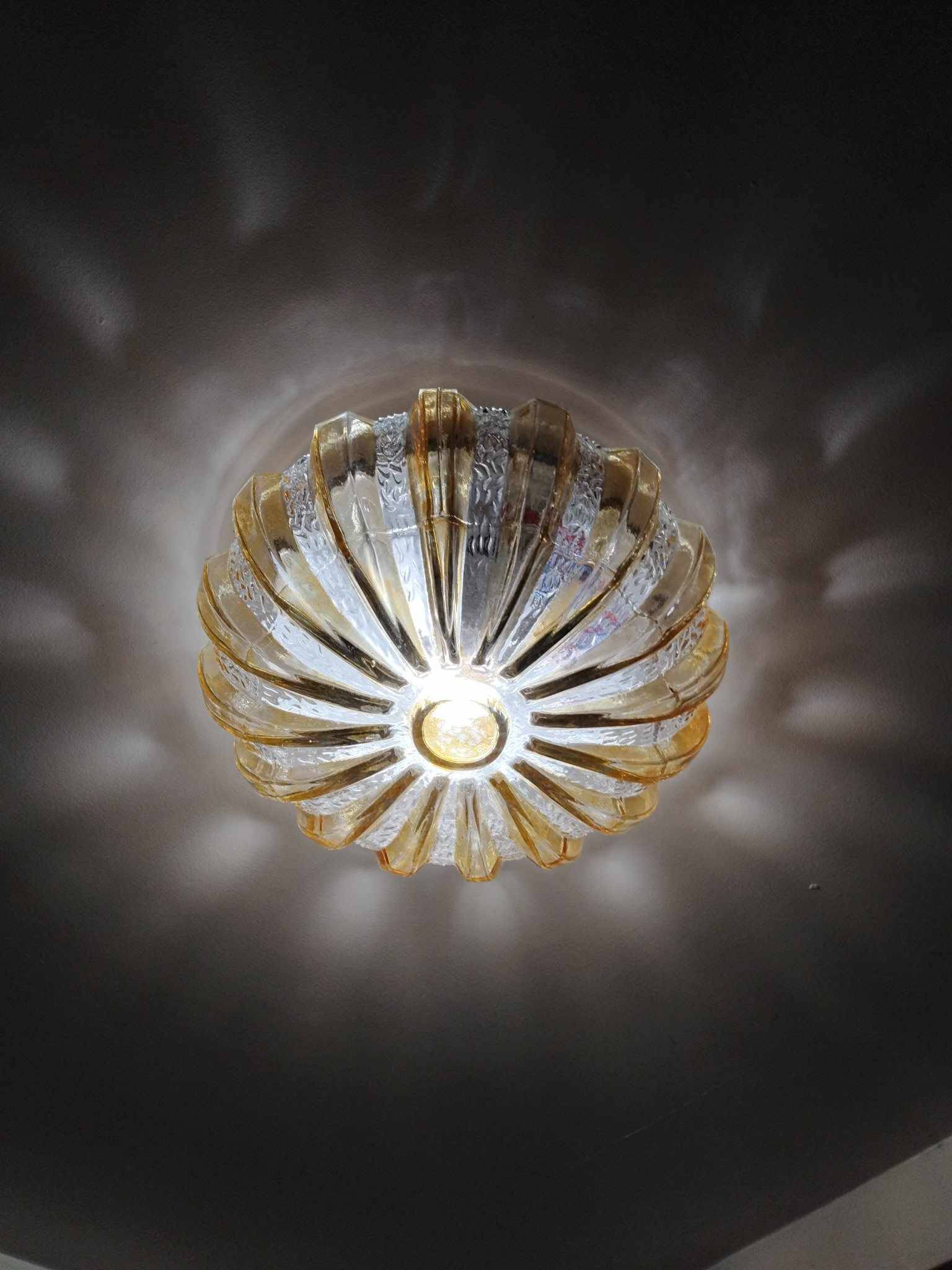 70s round ceiling light in pressed molded glass
