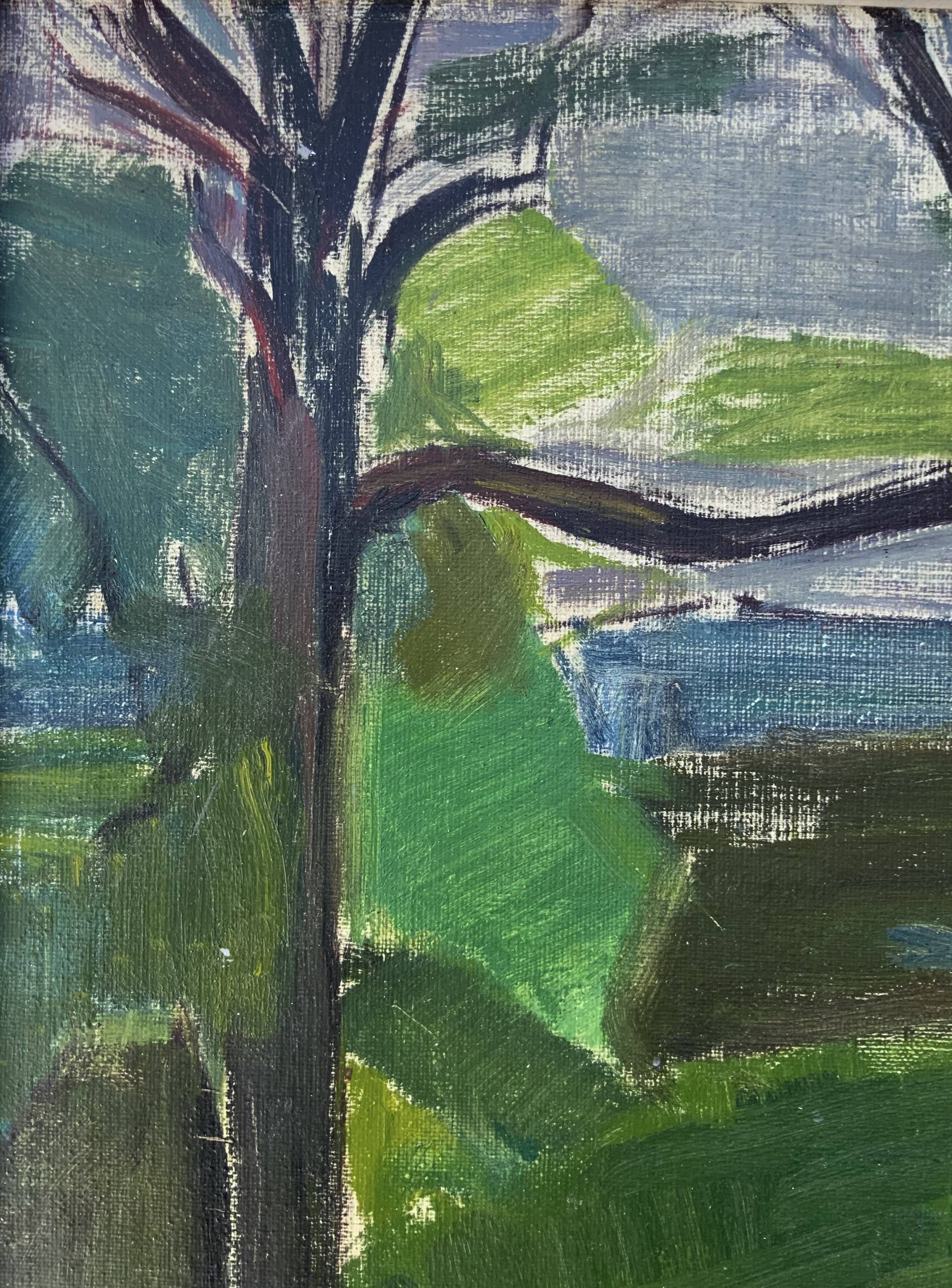 Vintage Modernists Landscape Oil on Canvas signed by F.H. 1950s