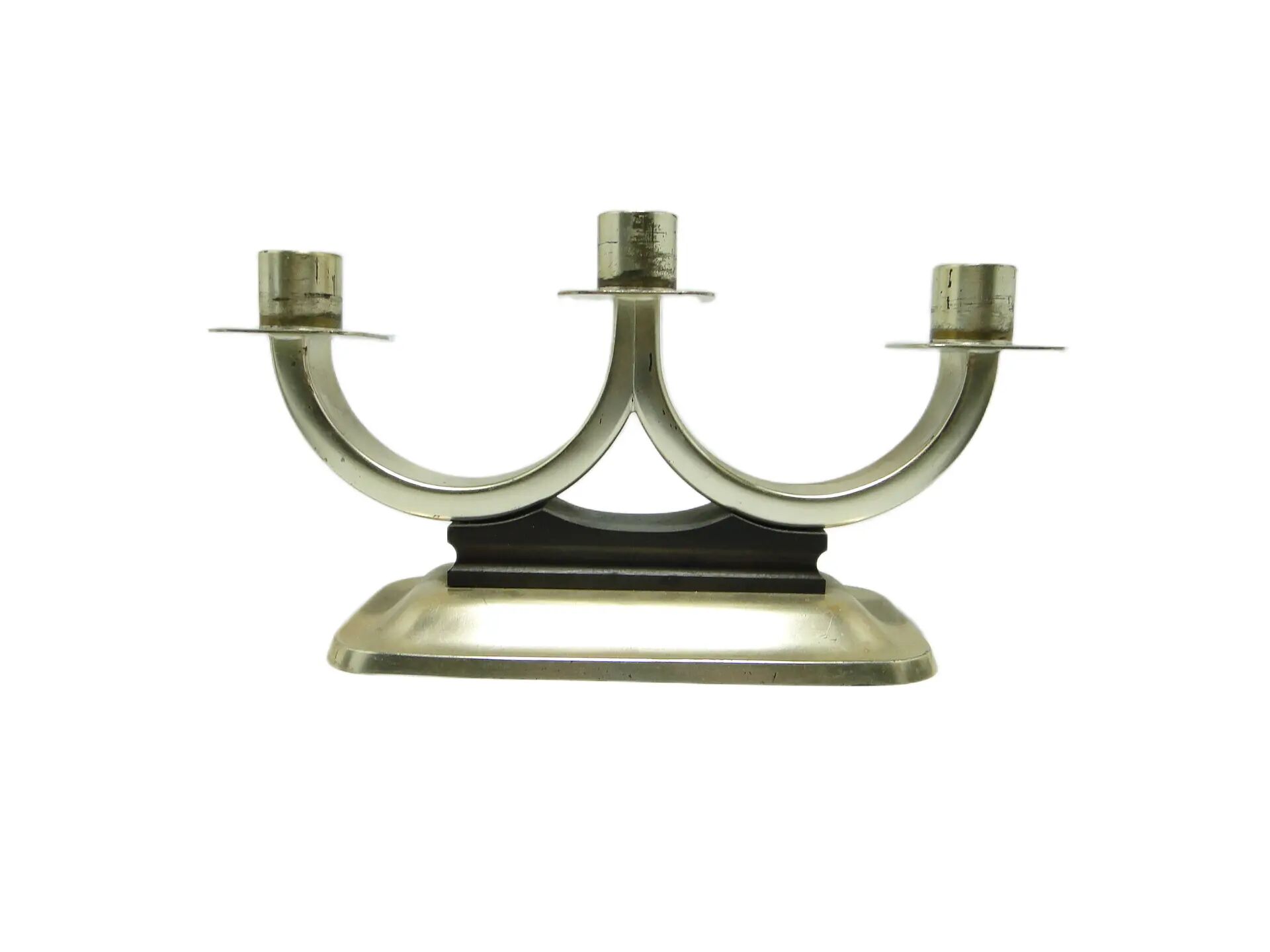 Three-armed candelabrum, Art Deco, silver-plated brass, Quist, Germany, 1950s.