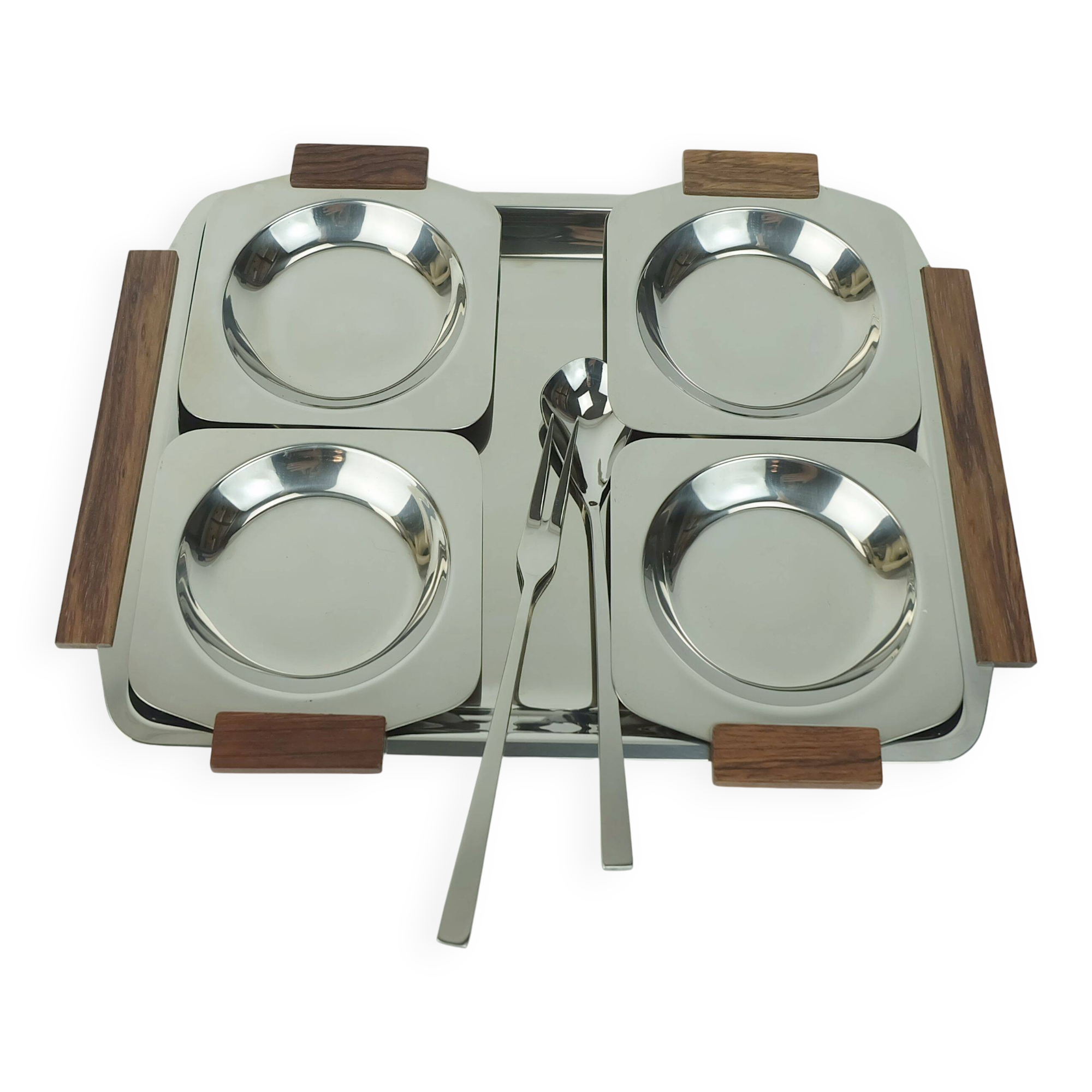Mid century modern bowl set dip bowls party serving set stainless steel and wood 1960s