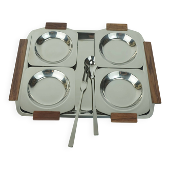 Mid century modern bowl set dip bowls party serving set stainless steel and wood 1960s