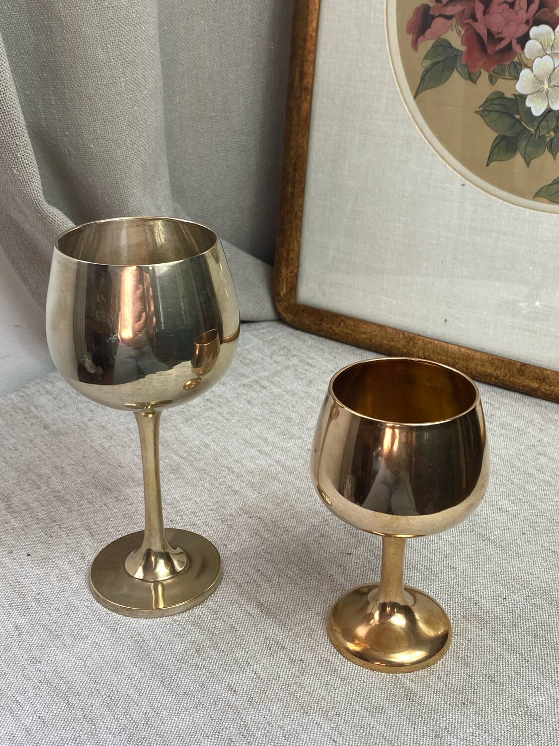 Green stemmed, brass chalices