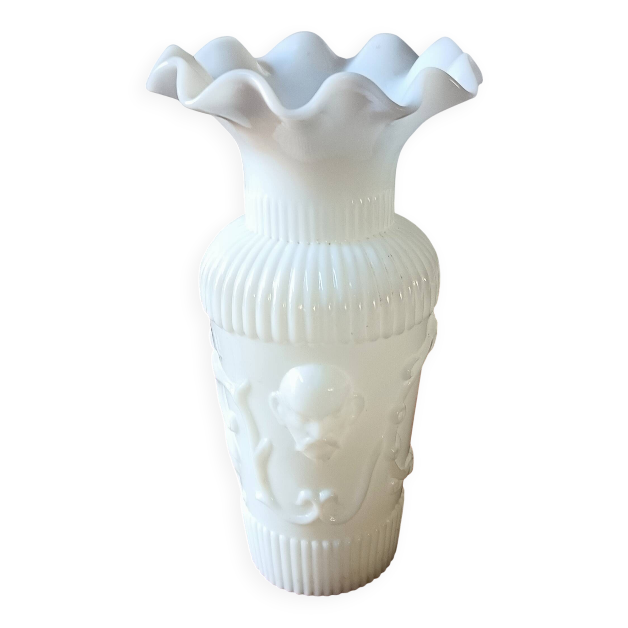 Antique vase in large white fairground opaline, vintage France