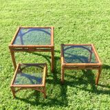 Bamboo pull-out table / leather and vintage glass