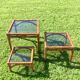 Bamboo pull-out table / leather and vintage glass