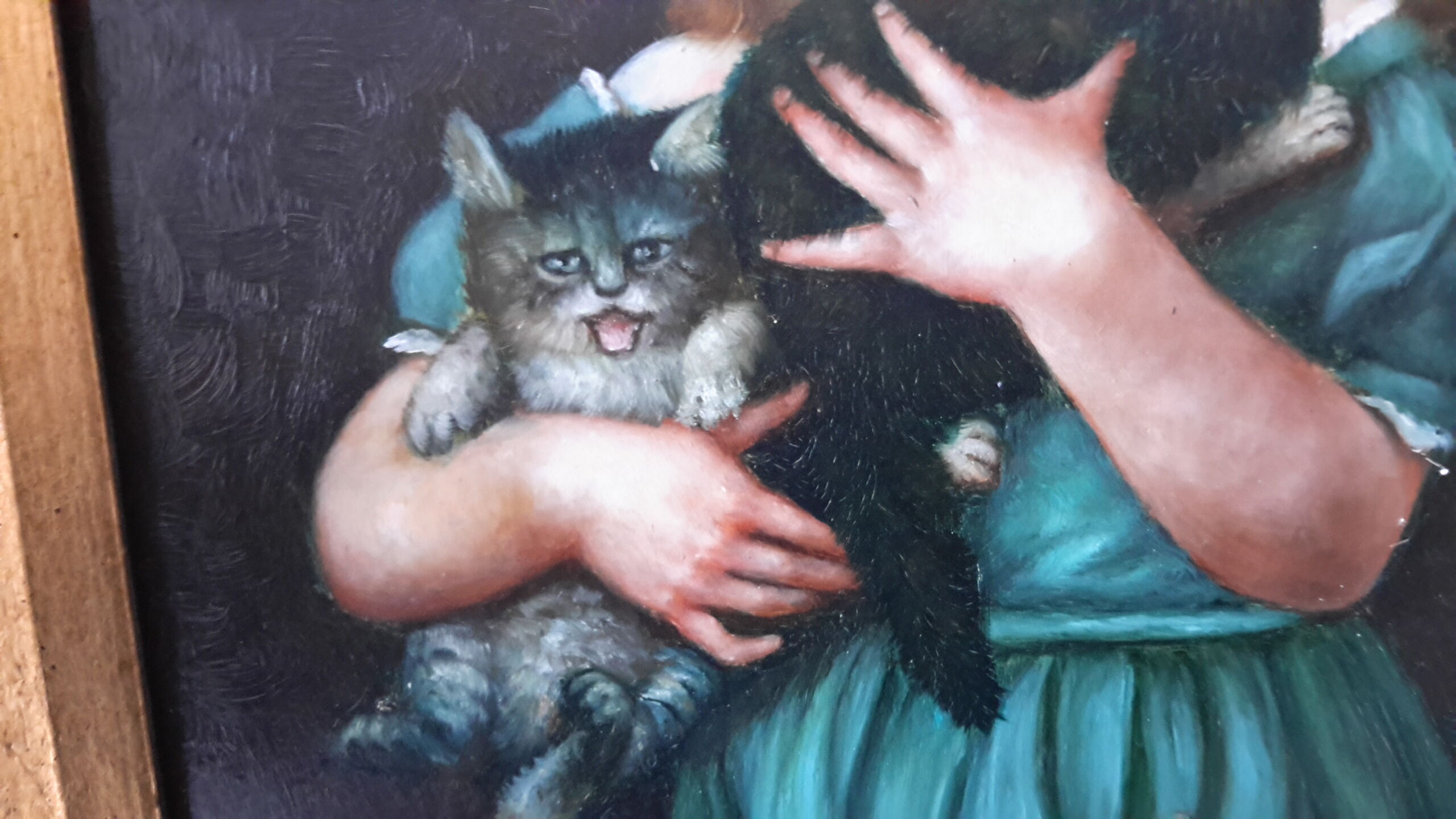 Oil on wood panel fine XIX th "The little girl with cats"