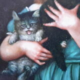 Oil on wood panel fine XIX th "The little girl with cats"