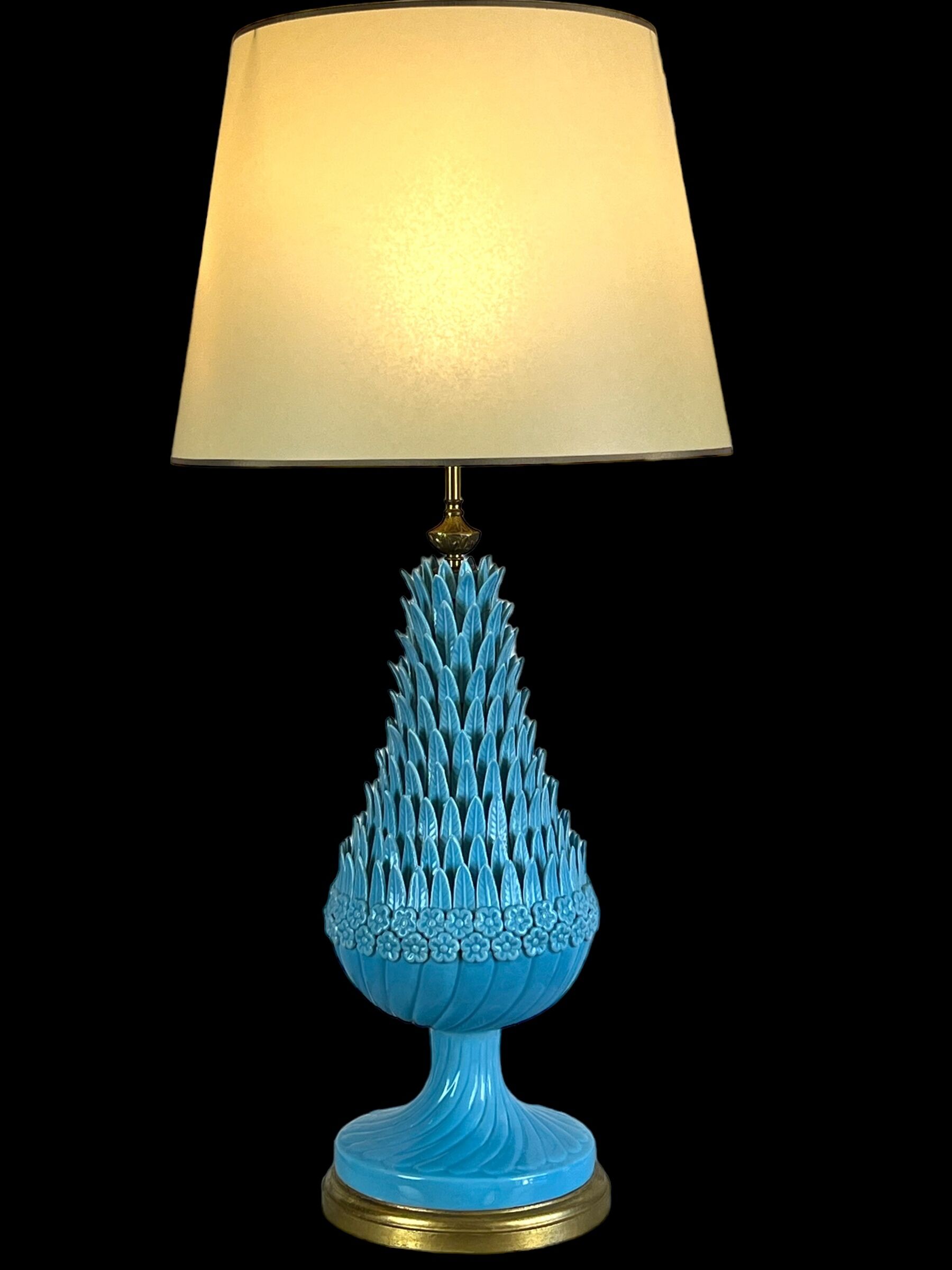 1.05 m pineapple lamp in turquoise ceramic on a gilded wooden base from the 1950s