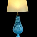 1.05 m pineapple lamp in turquoise ceramic on a gilded wooden base from the 1950s
