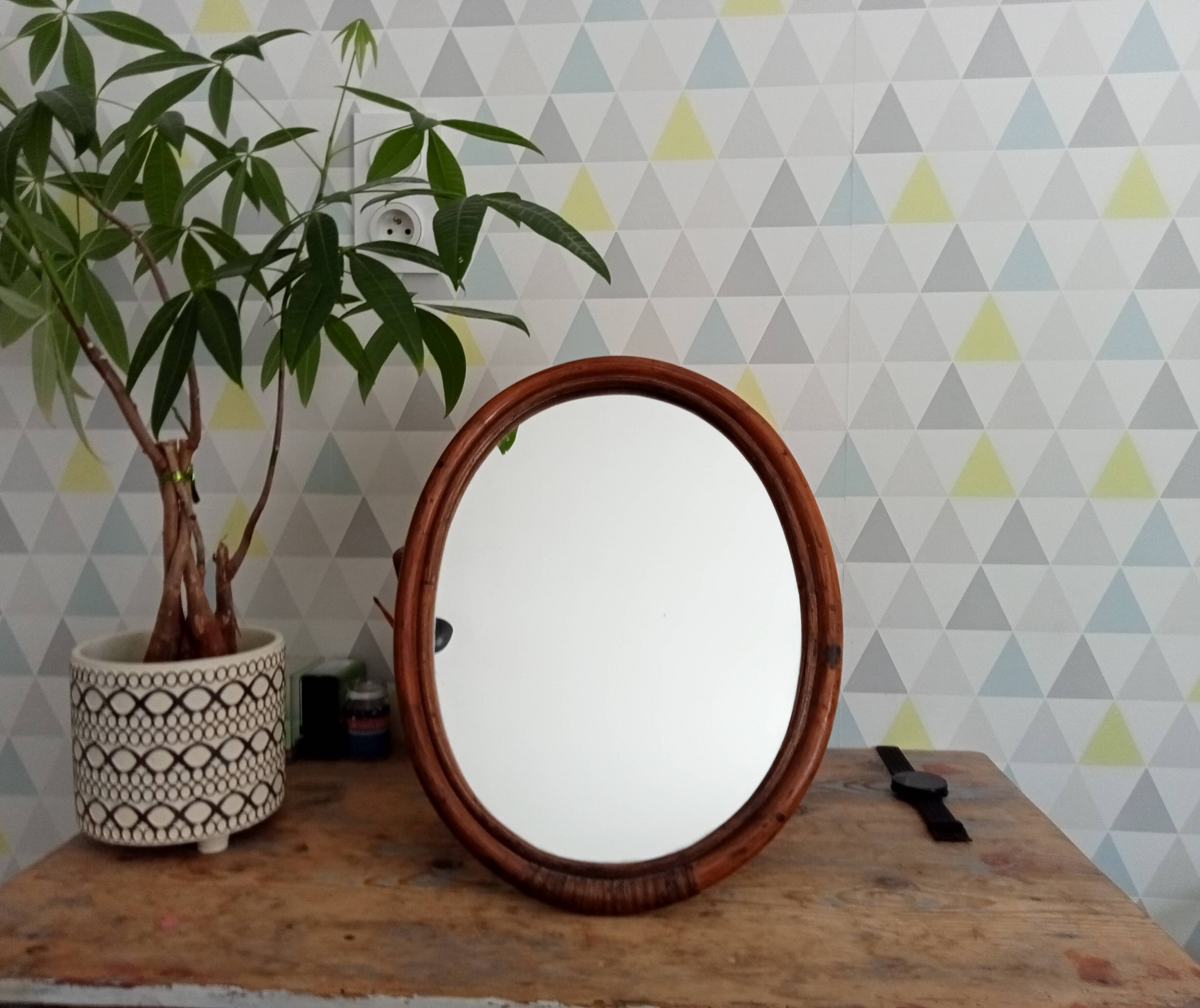 Antique rattan table mirror early 20th century