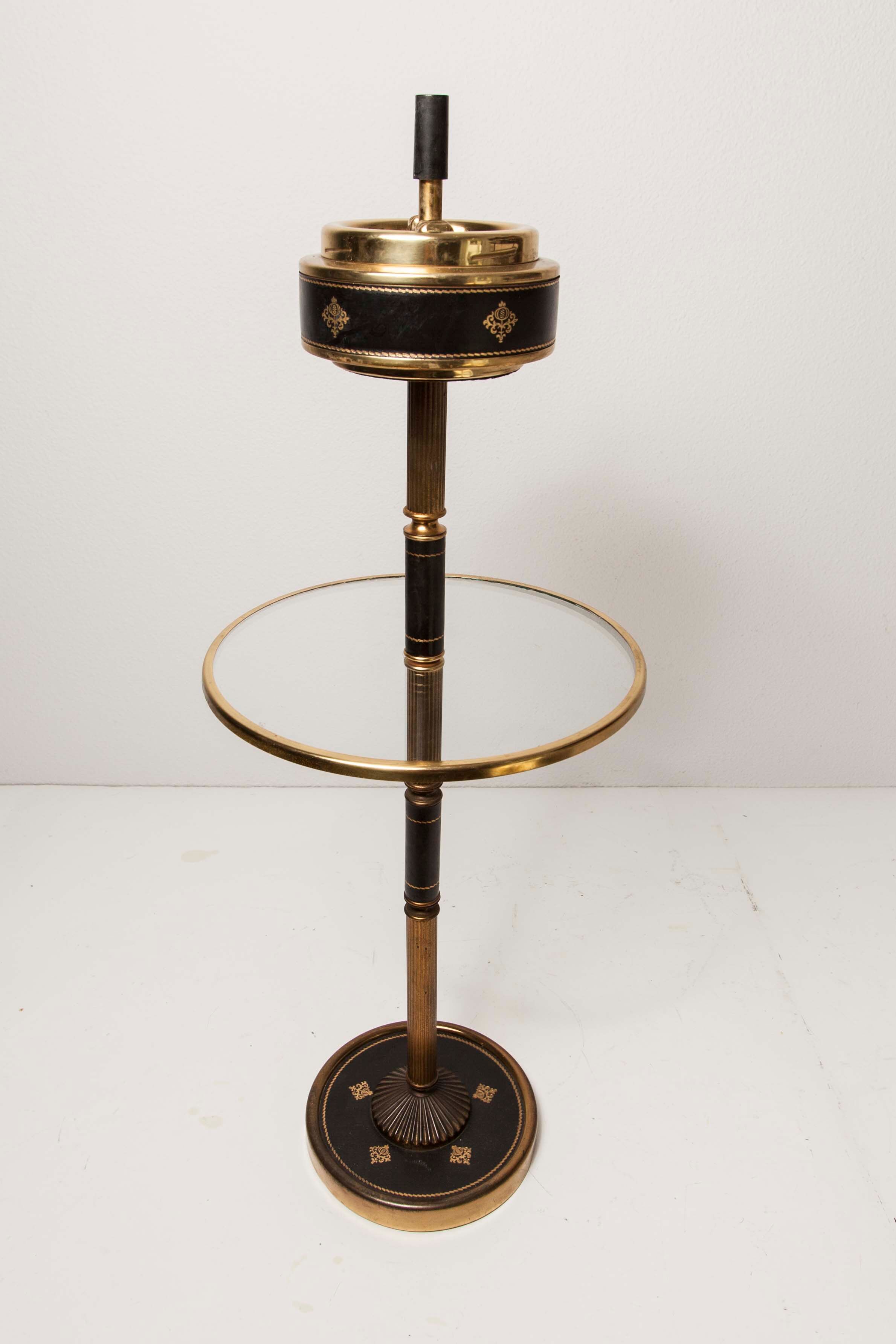 Ashtray on feet 60s gold, glass and leather